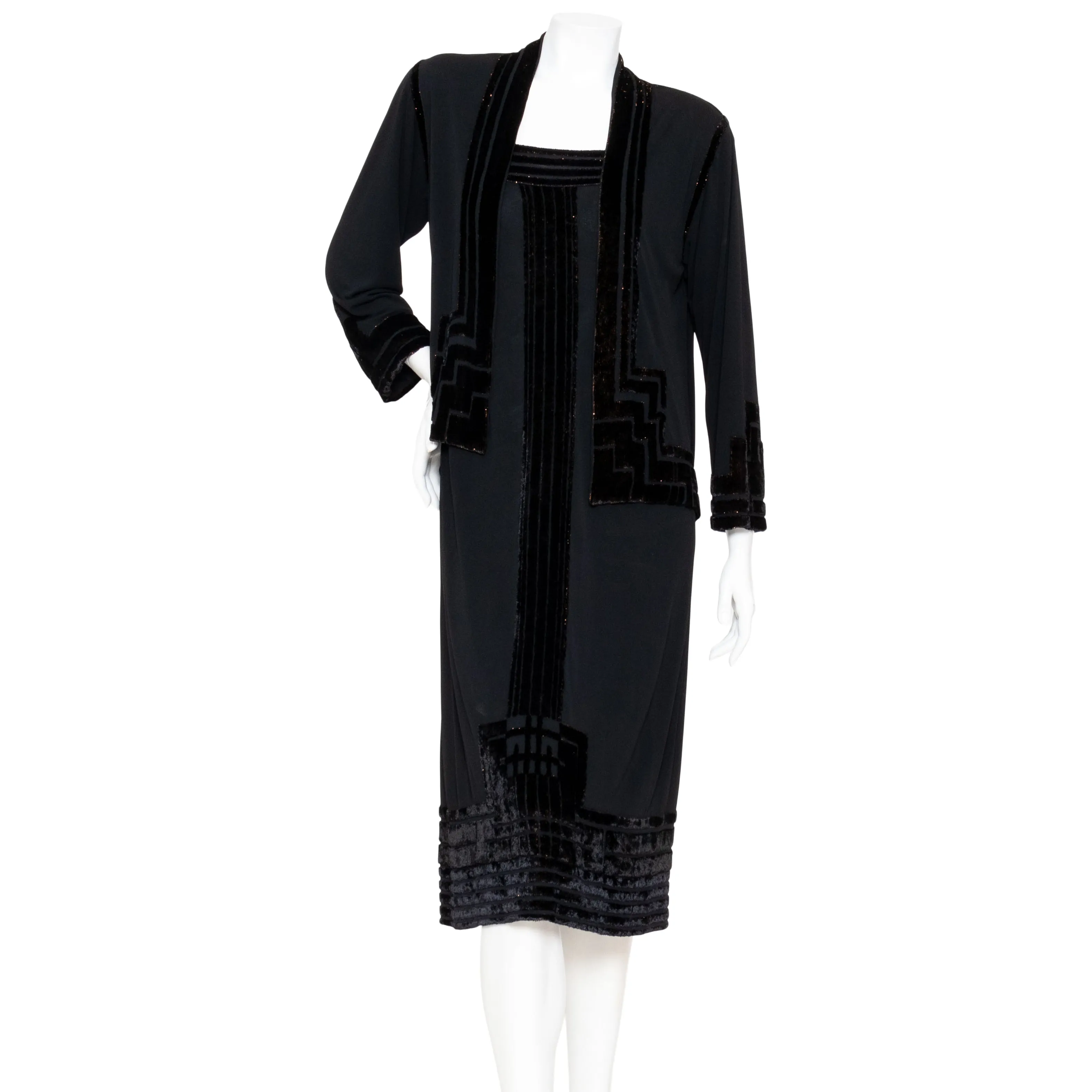 1970s Black Velvet Burnout Dress and Matching Jacket Set