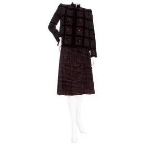 1982 Haute Couture Black and Red Wool Checkered Two-Piece Skirt and Jacket Suit