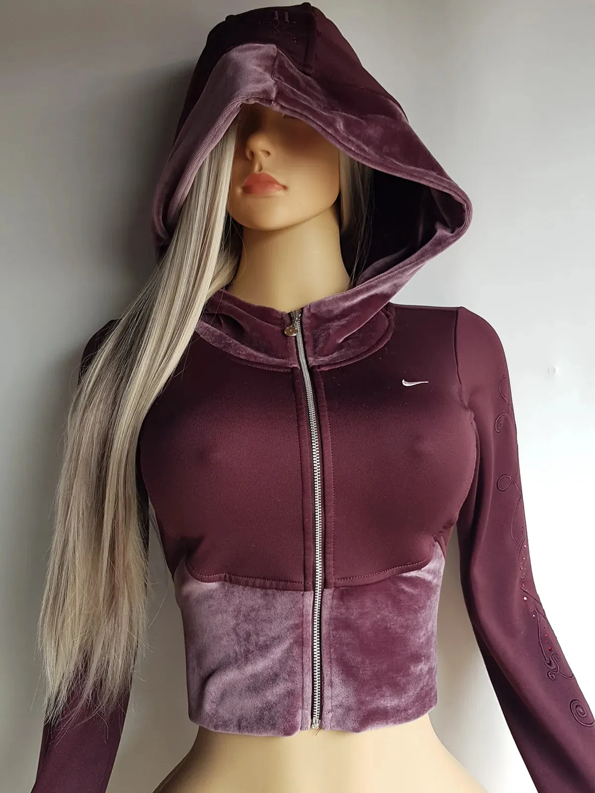 2000s Authentic Nike Velour Sexy Pilates Princess Vintage Hooded Purple Cropped Zip Jacket with Embroidery & Rhinestones