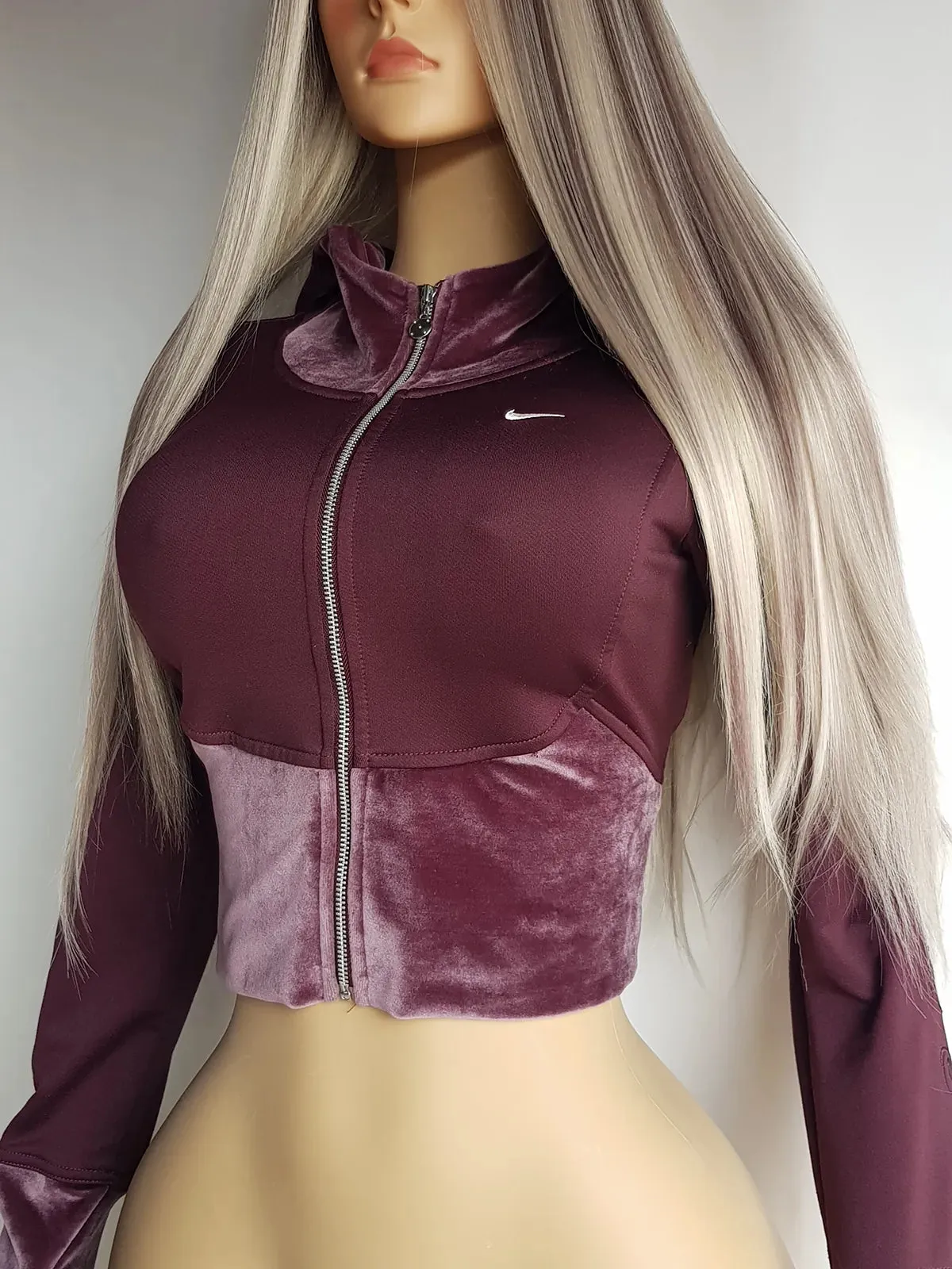 2000s Authentic Nike Velour Sexy Pilates Princess Vintage Hooded Purple Cropped Zip Jacket with Embroidery & Rhinestones