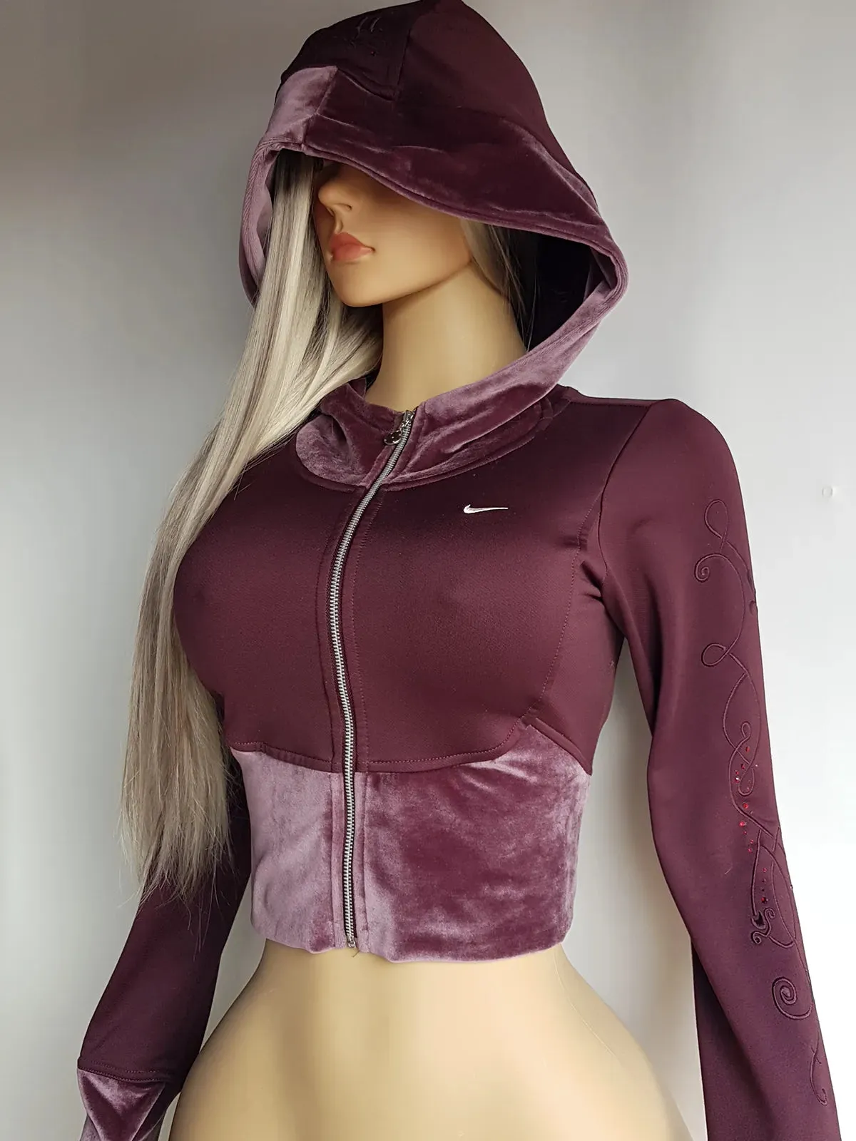 2000s Authentic Nike Velour Sexy Pilates Princess Vintage Hooded Purple Cropped Zip Jacket with Embroidery & Rhinestones