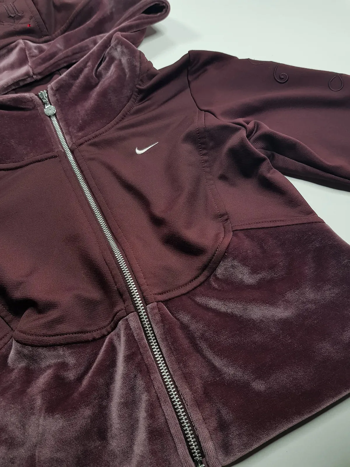 2000s Authentic Nike Velour Sexy Pilates Princess Vintage Hooded Purple Cropped Zip Jacket with Embroidery & Rhinestones