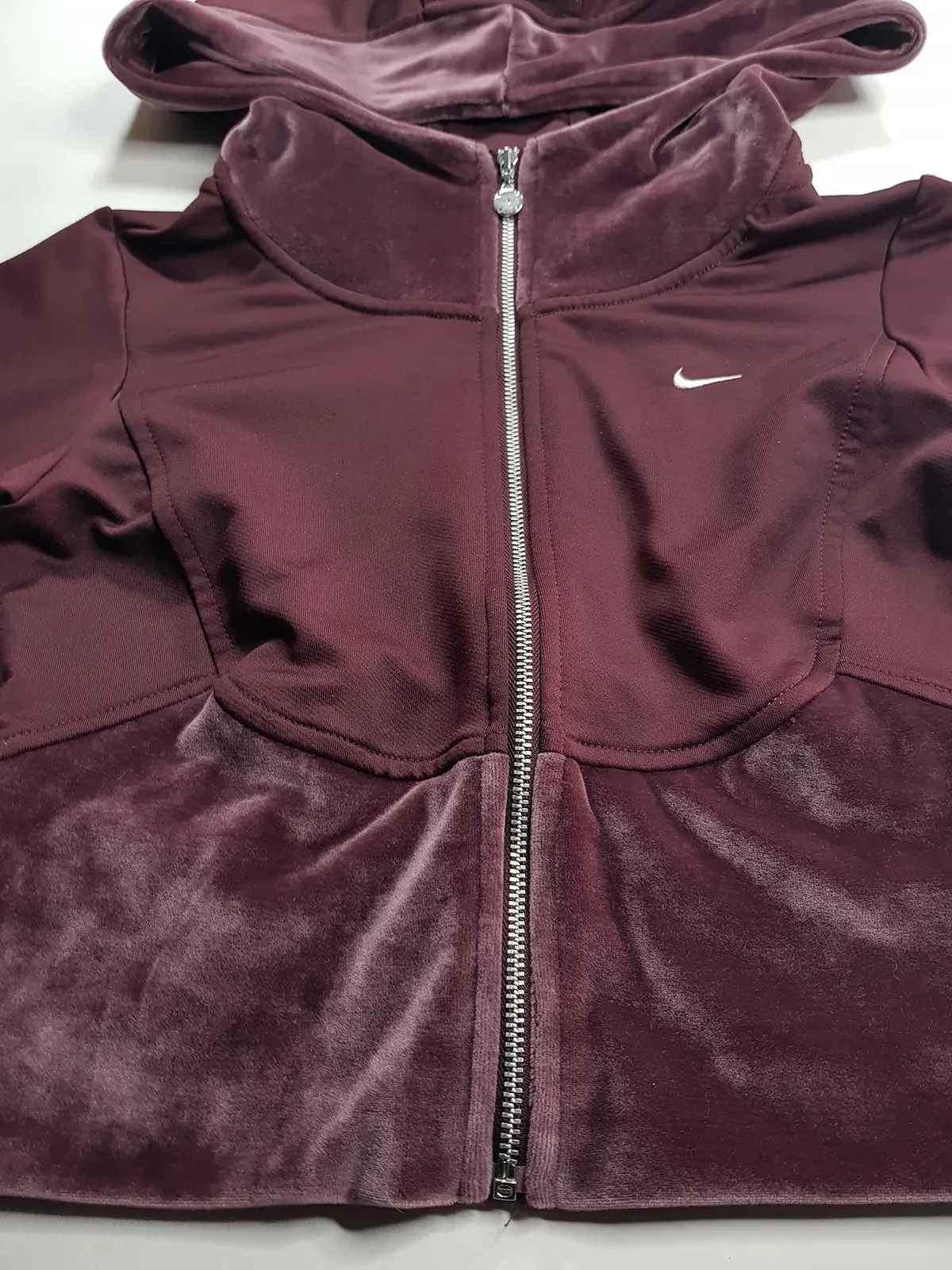 2000s Authentic Nike Velour Sexy Pilates Princess Vintage Hooded Purple Cropped Zip Jacket with Embroidery & Rhinestones