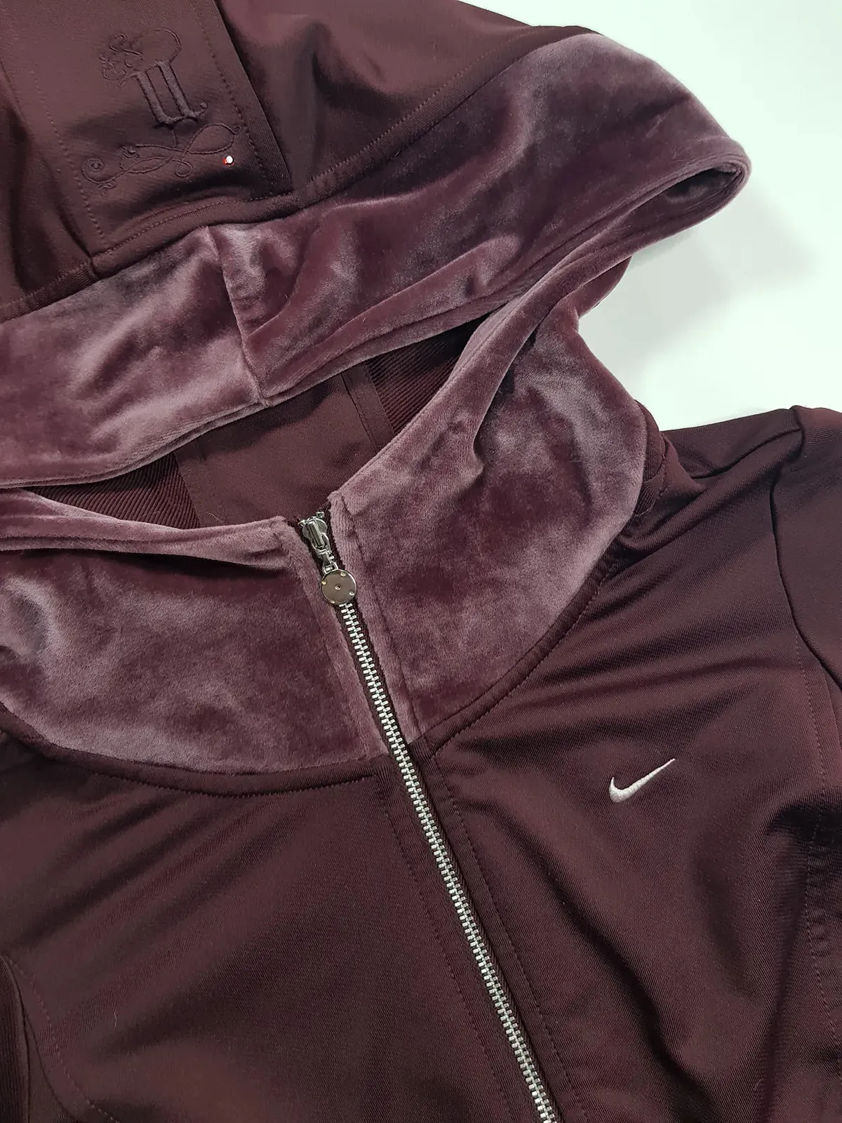 2000s Authentic Nike Velour Sexy Pilates Princess Vintage Hooded Purple Cropped Zip Jacket with Embroidery & Rhinestones