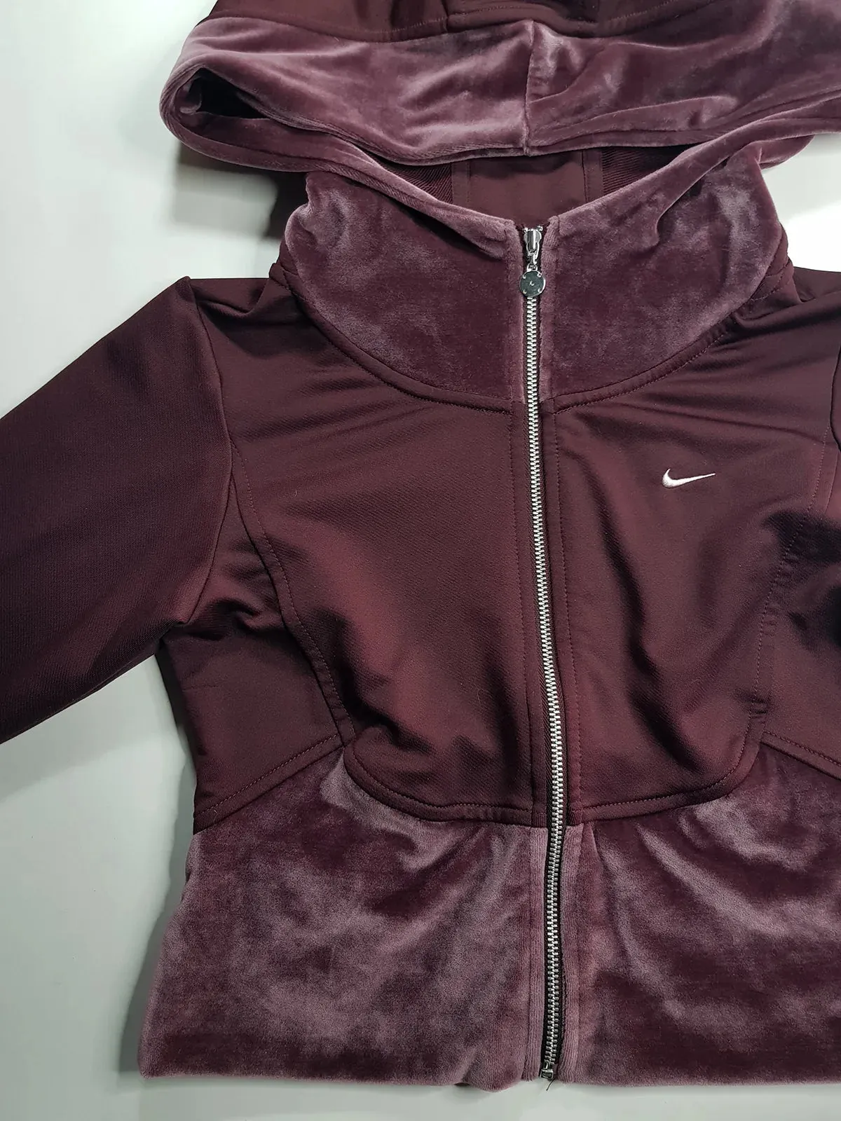 2000s Authentic Nike Velour Sexy Pilates Princess Vintage Hooded Purple Cropped Zip Jacket with Embroidery & Rhinestones