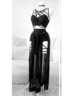 2024 Gothic Club Corset and Skirt Set - Sexy Sleeveless Mesh Crop Top, Backless Bandage Underpants, Dark Skirt Ensemble