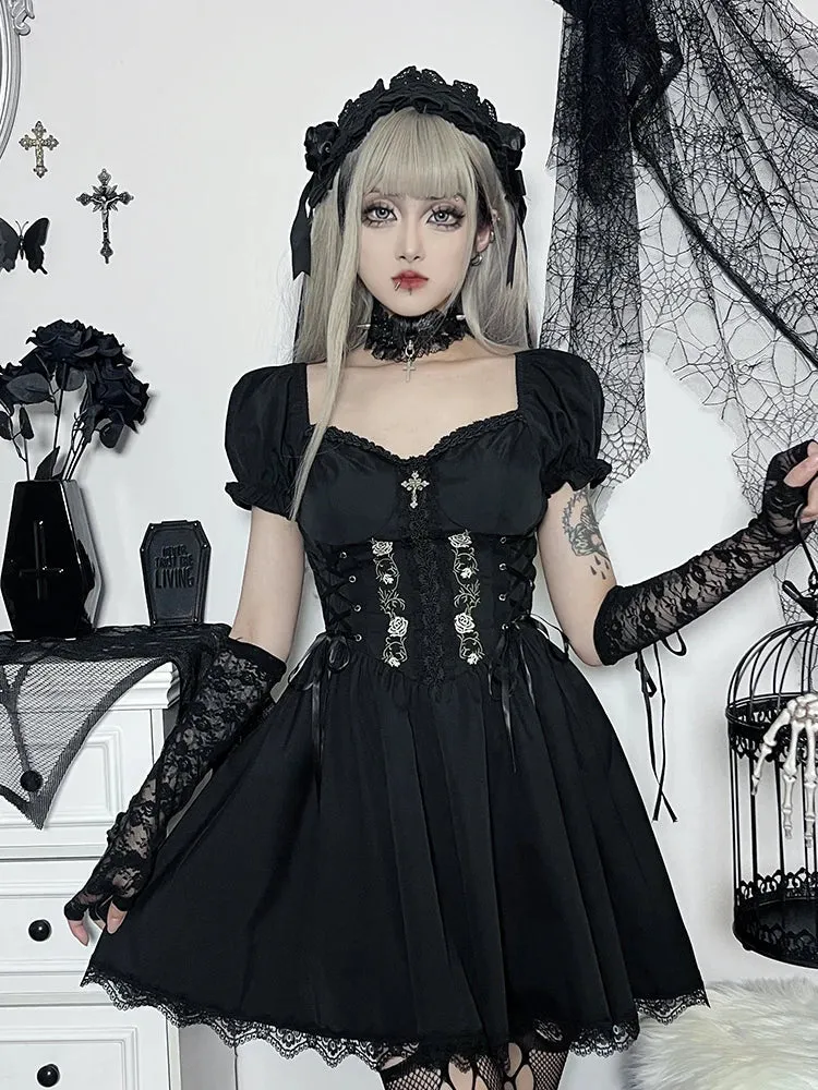 A-Line Y2K Pleated Streetwear Trim Hem Lolita Retro Grunge Harajuku Summer Swing Lace Gown