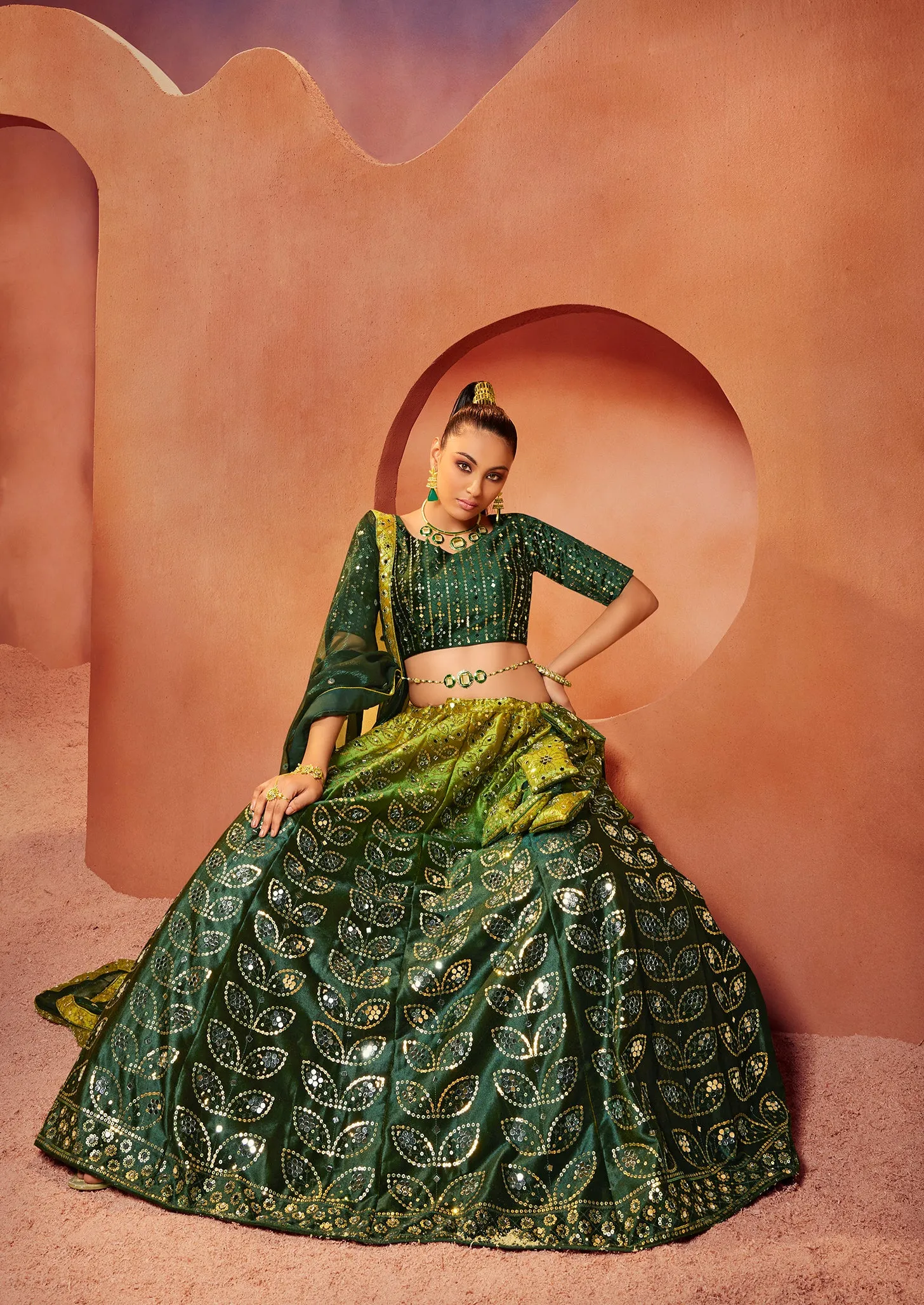 Admiring Green Color Mirror & Sequence Work Velvet Lehenga Choli