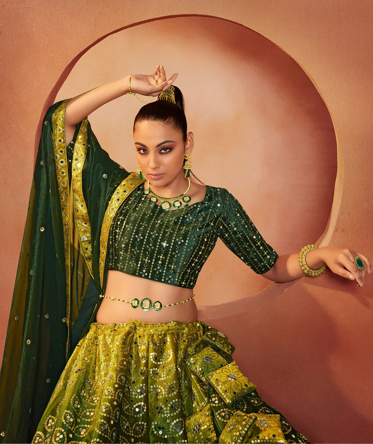 Admiring Green Color Mirror & Sequence Work Velvet Lehenga Choli