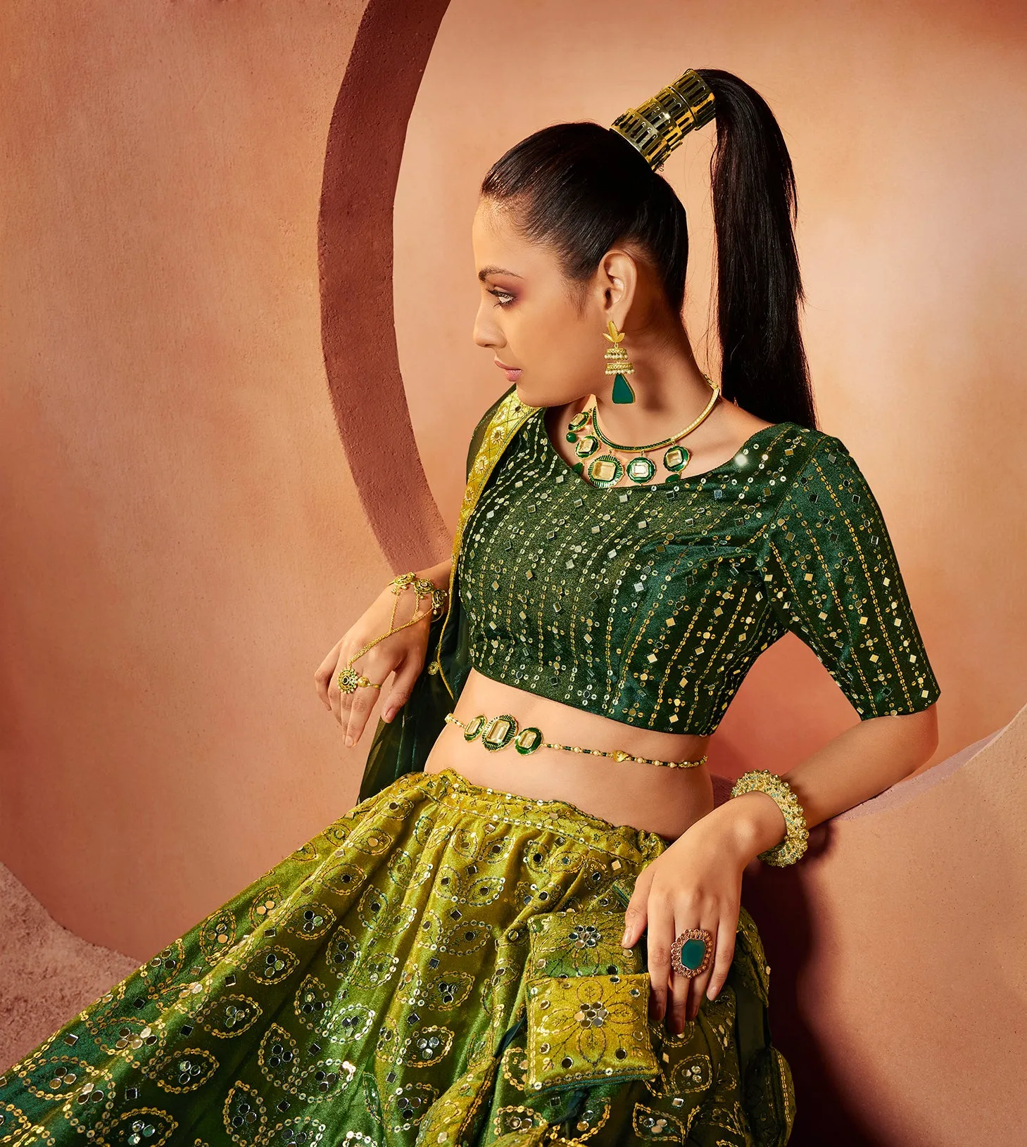 Admiring Green Color Mirror & Sequence Work Velvet Lehenga Choli