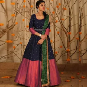 Adorable Designer Wear Blue Satin Silk Anarkali Gown With Silk Chanderi Dupatta