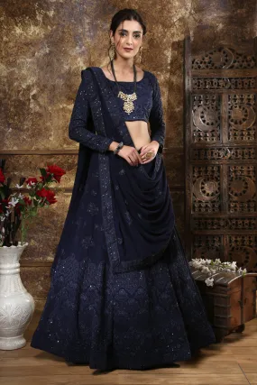 Adorable Navy Blue Georgette Thread And Sequence Embroidered Lehenga Choli