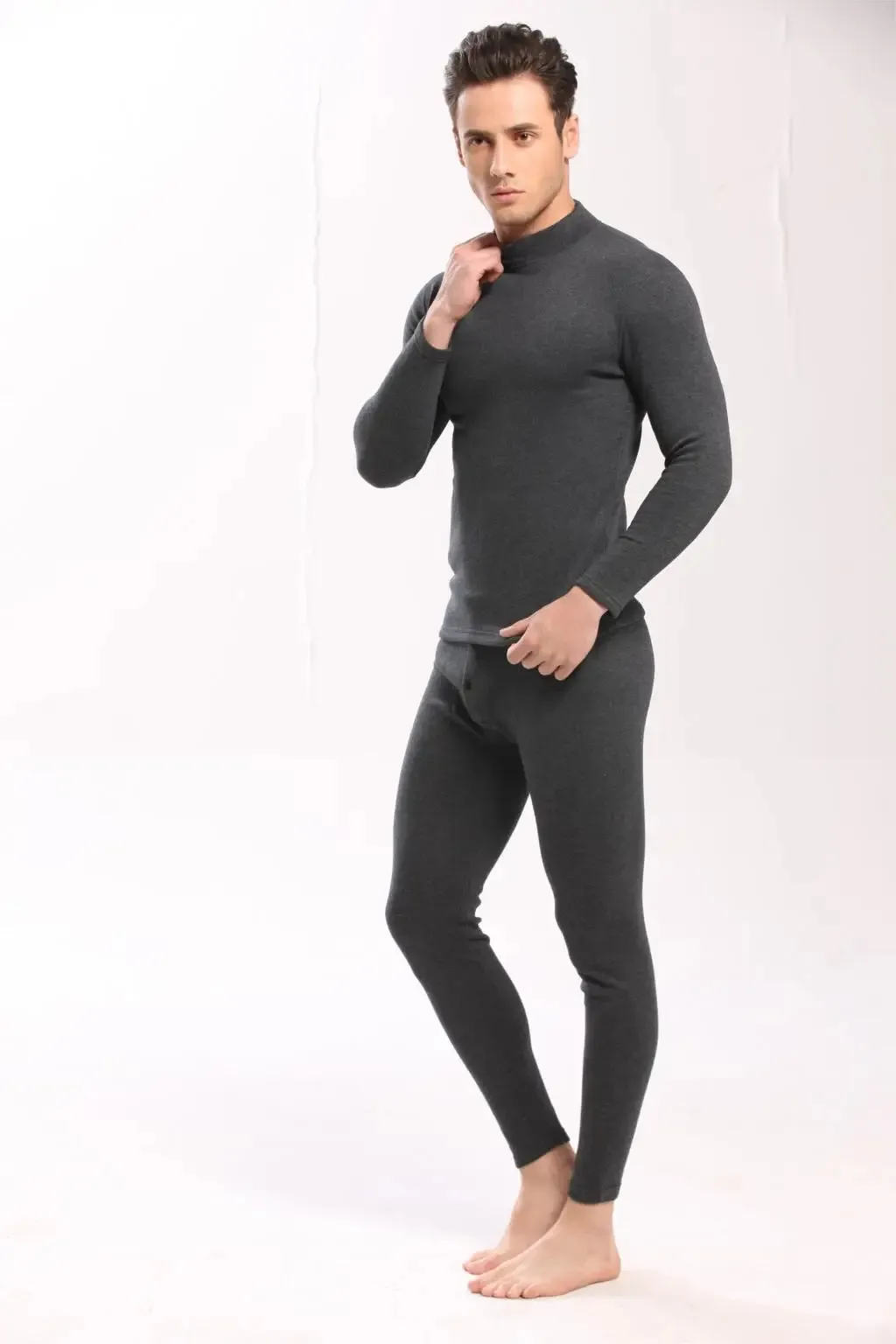 Alr™ Men's Thermal Underwear Set - Fleece-Lined Cotton Long Johns, Dark Gray