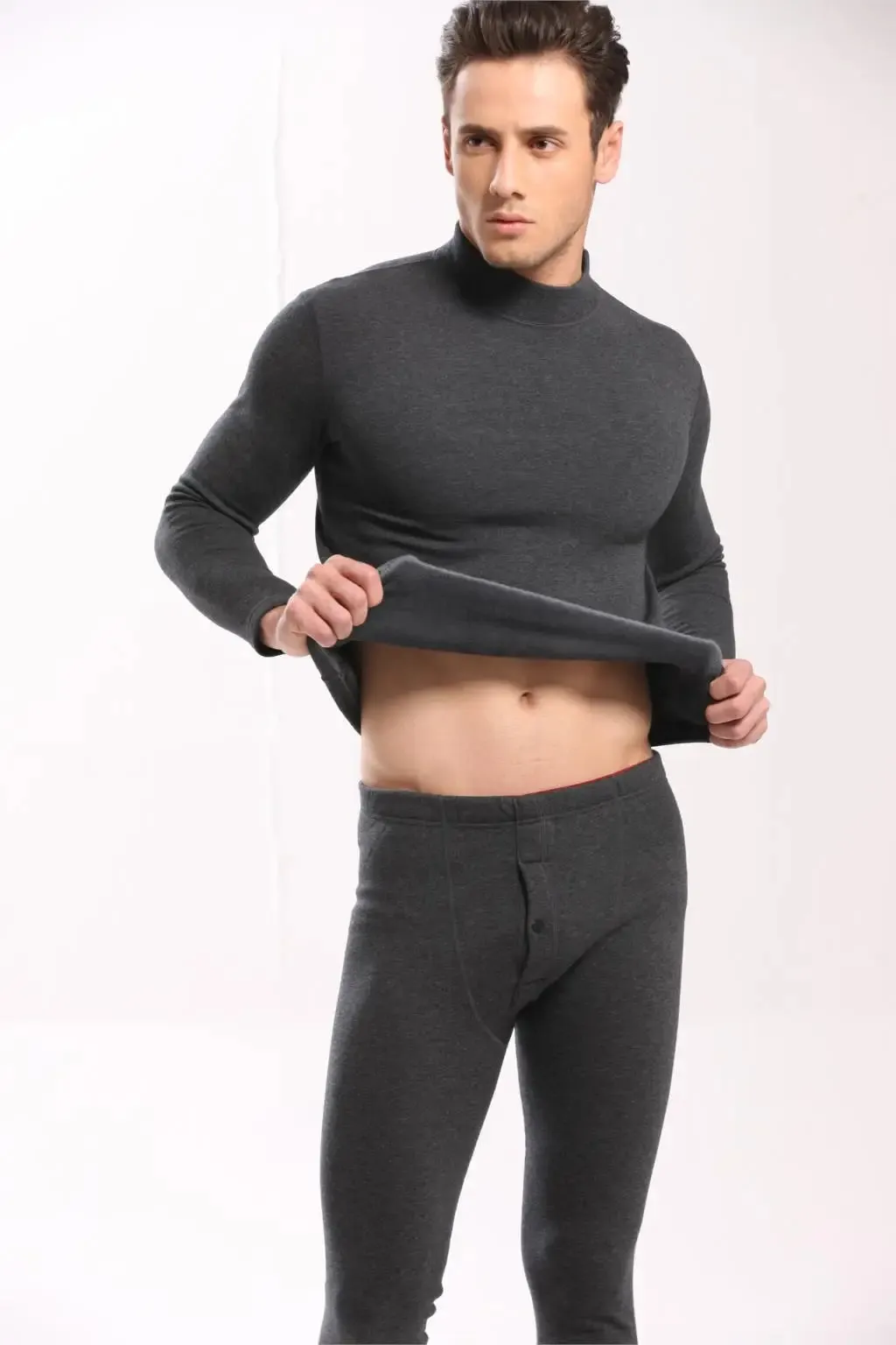 Alr™ Men's Thermal Underwear Set - Fleece-Lined Cotton Long Johns, Dark Gray