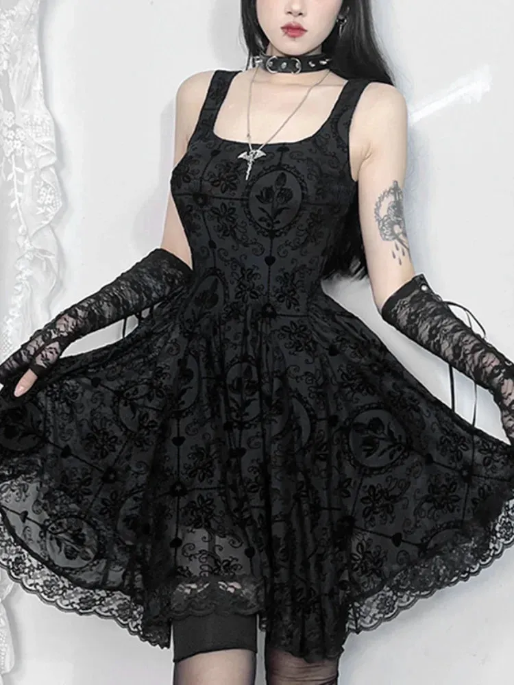 AltGoth Mall Goth A-line Dress – Women’s Aesthetic Fairycore Grunge Streetwear, Y2K Lace Patchwork, High Waist, Irregular Dress