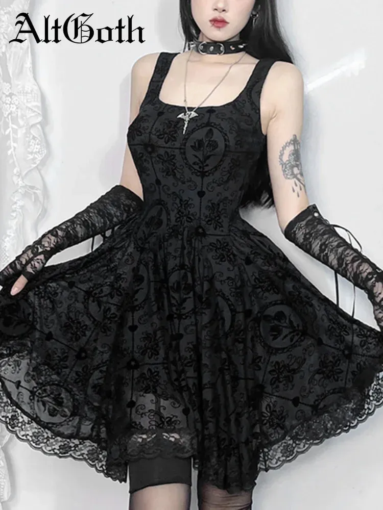 AltGoth Mall Goth A-line Dress – Women’s Aesthetic Fairycore Grunge Streetwear, Y2K Lace Patchwork, High Waist, Irregular Dress