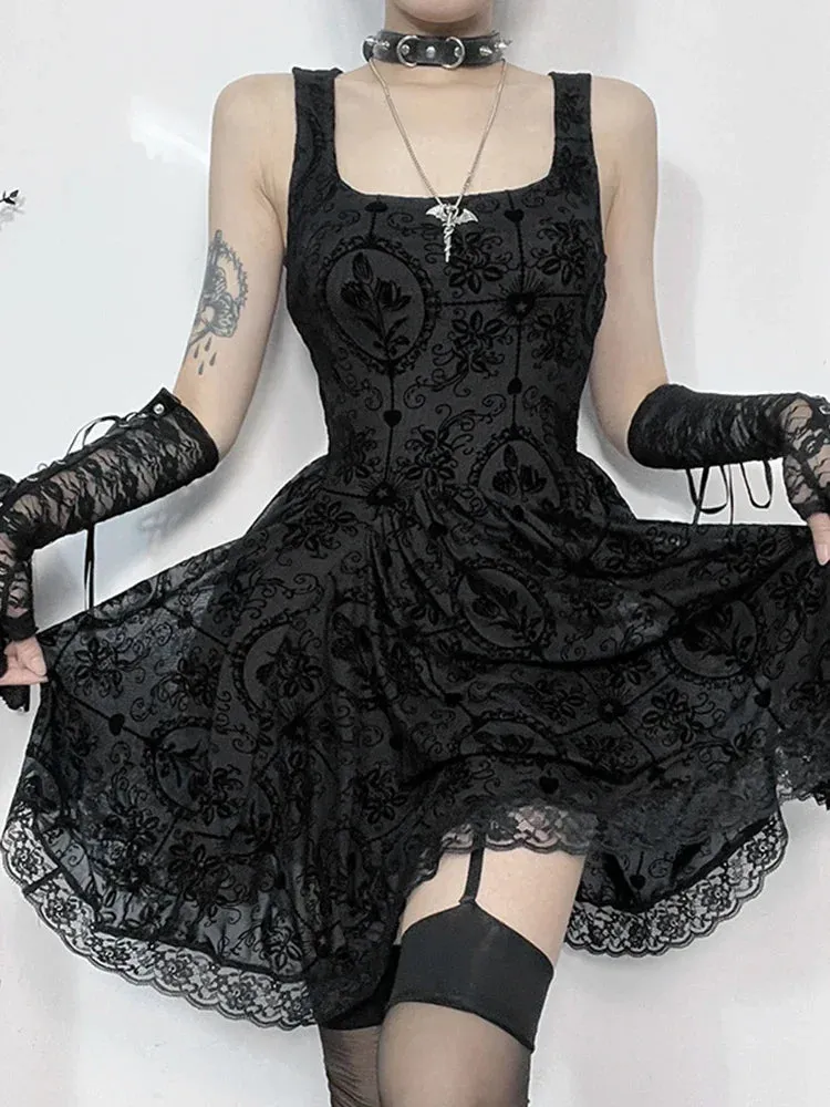 AltGoth Mall Goth A-line Dress – Women’s Aesthetic Fairycore Grunge Streetwear, Y2K Lace Patchwork, High Waist, Irregular Dress