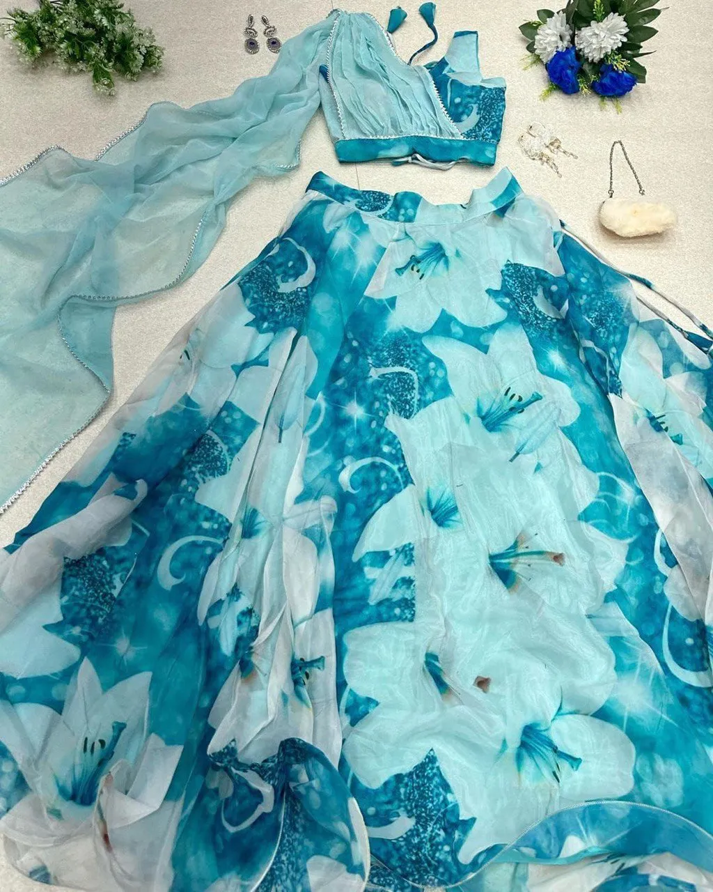 Amazing Sky Blue Color Lehenga Choli With Attach Dupatta