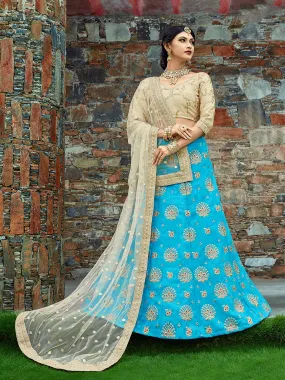 Aqua Blue Art Silk Semi Stitched Lehenga With Unstitched Blouse