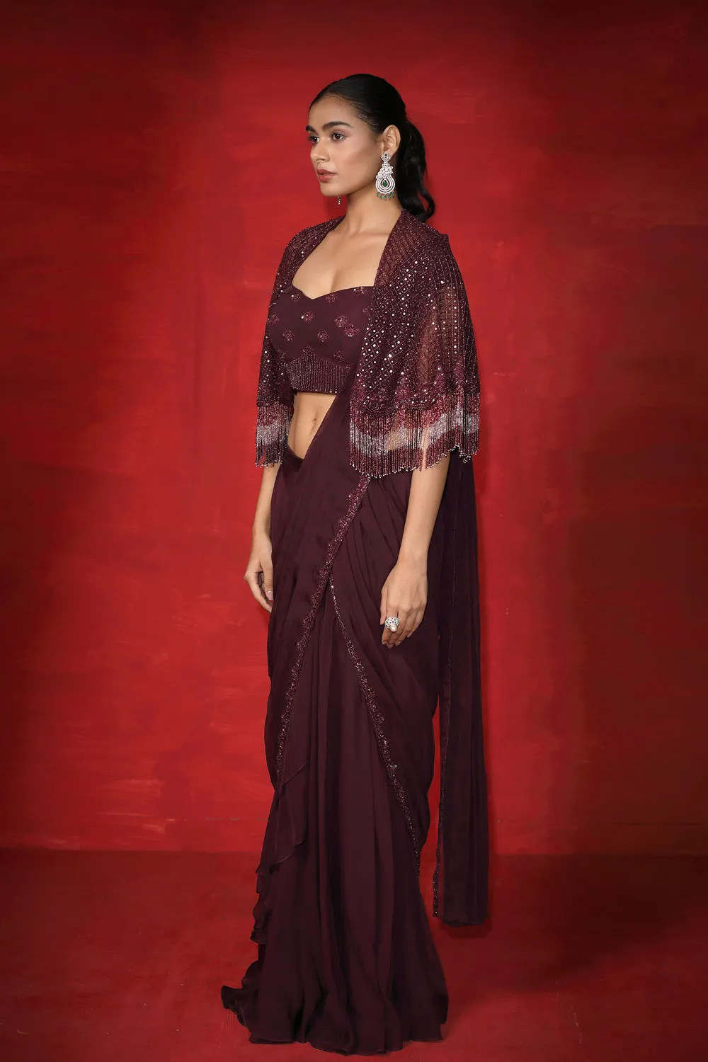 Arcane Drape Saree With Embroidered Cape