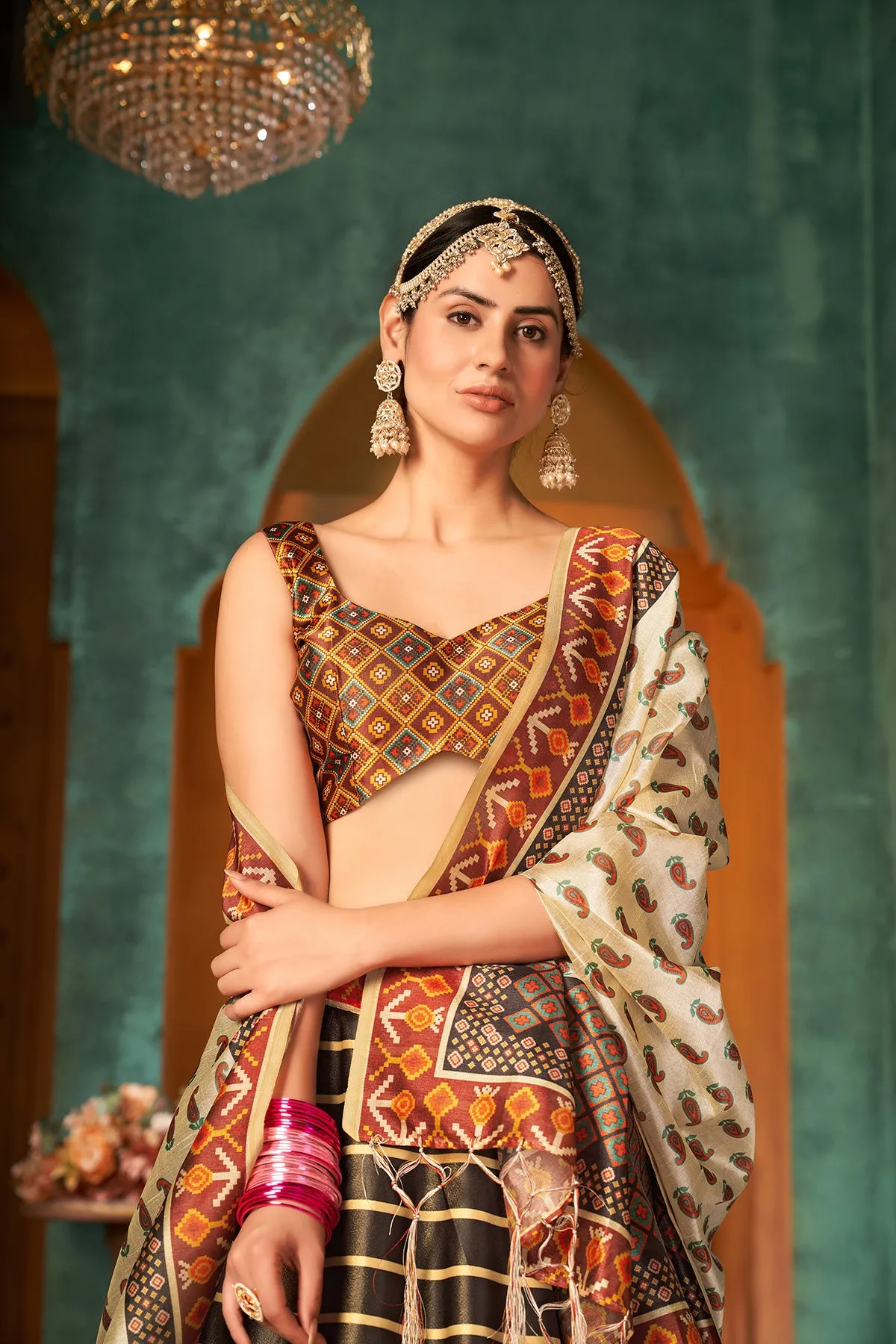 Art Silk Mehendi Sangeet Lehenga In Beige And Brown With Digital Print Work