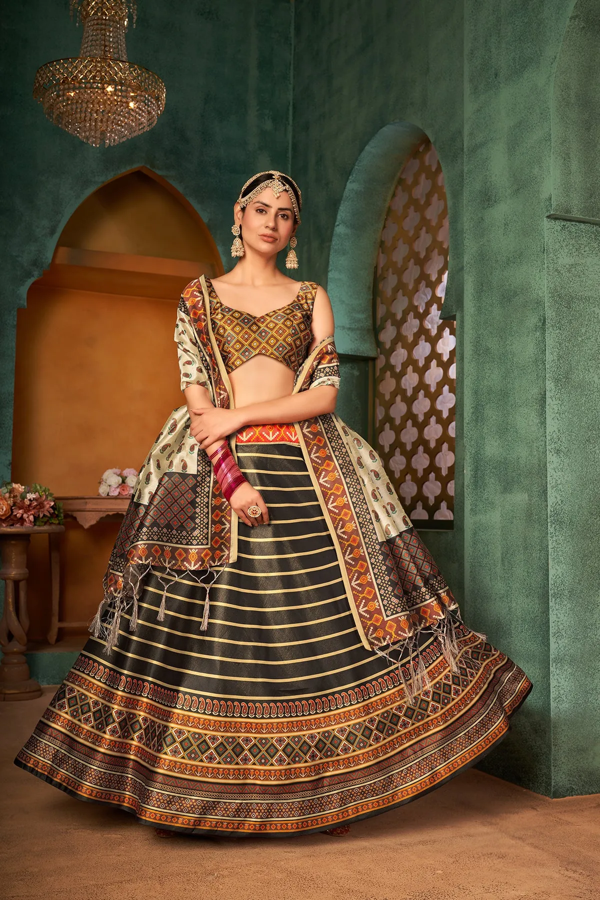 Art Silk Mehendi Sangeet Lehenga In Beige And Brown With Digital Print Work