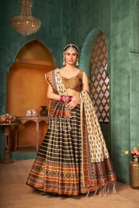 Art Silk Mehendi Sangeet Lehenga In Beige And Brown With Digital Print Work