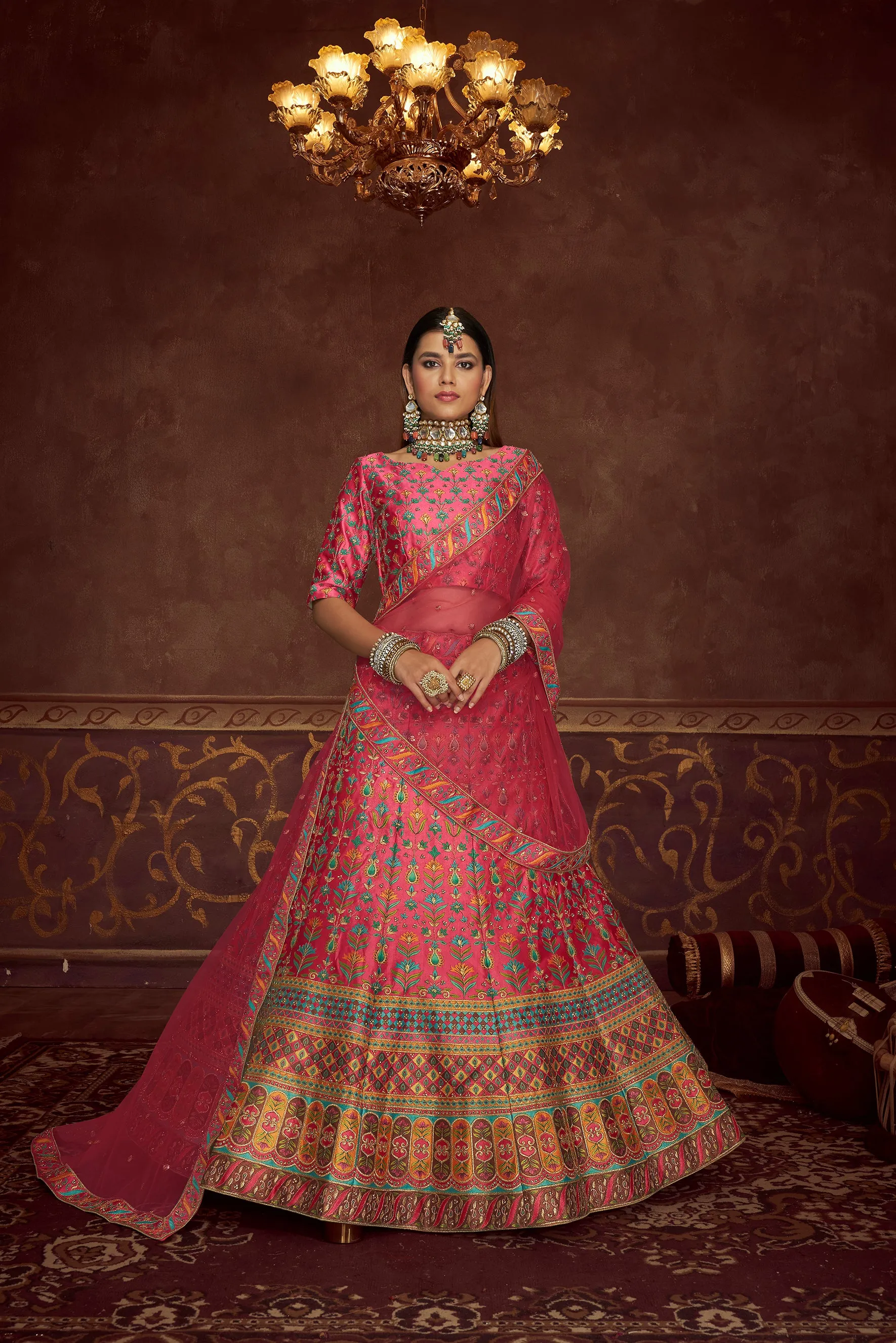 Art Silk Printed Pink Wedding Lehenga Choli With Dupatta