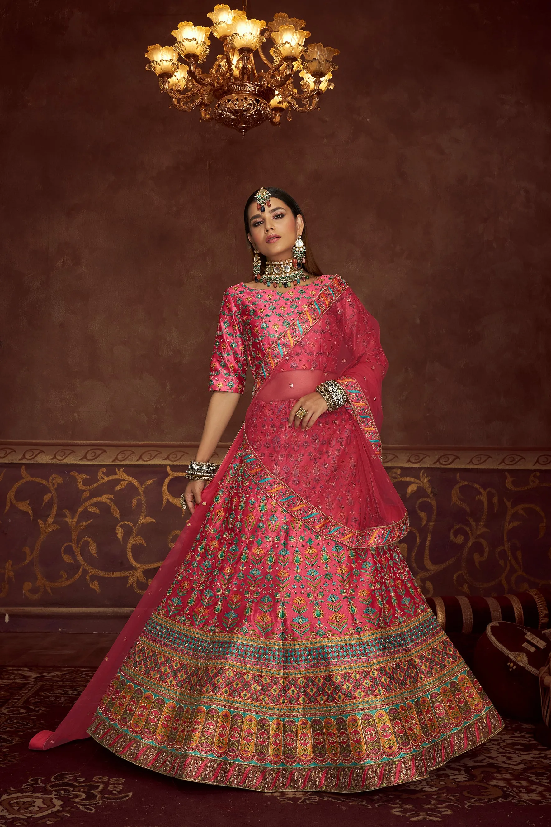 Art Silk Printed Pink Wedding Lehenga Choli With Dupatta