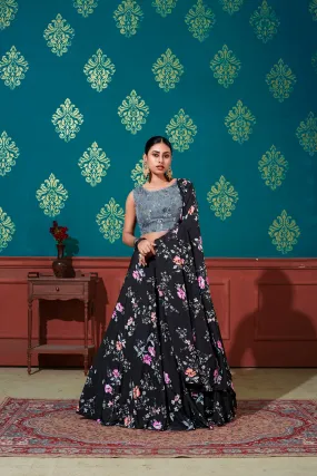 Astounding Black-Grey Digital Printed Silk Party Wear Lehenga Choli