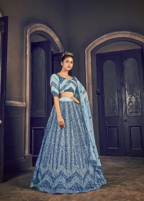 Attractive Grey Sequins Embroidered Net Semi Stitched Party Lehenga