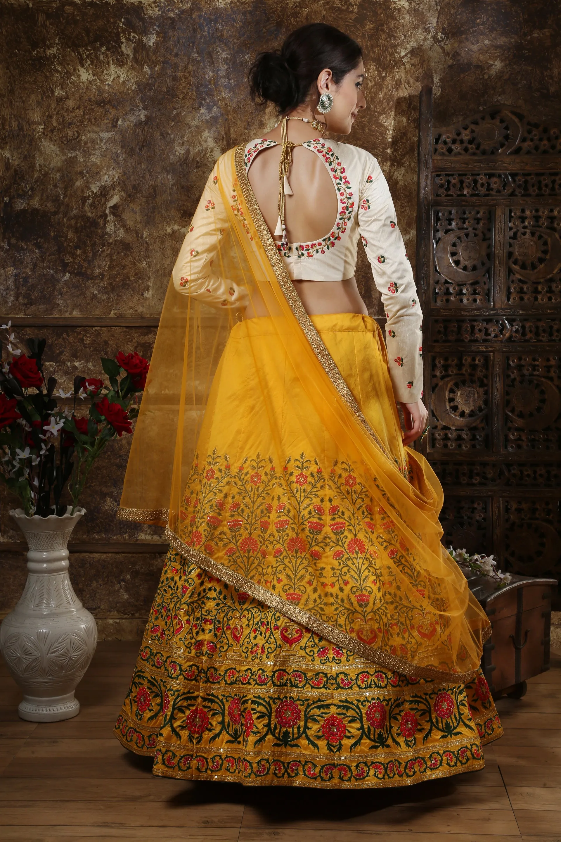 Beautiful Mustard Yellow Colored Party Wear Embroidered Thai Silk Lehenga Choli