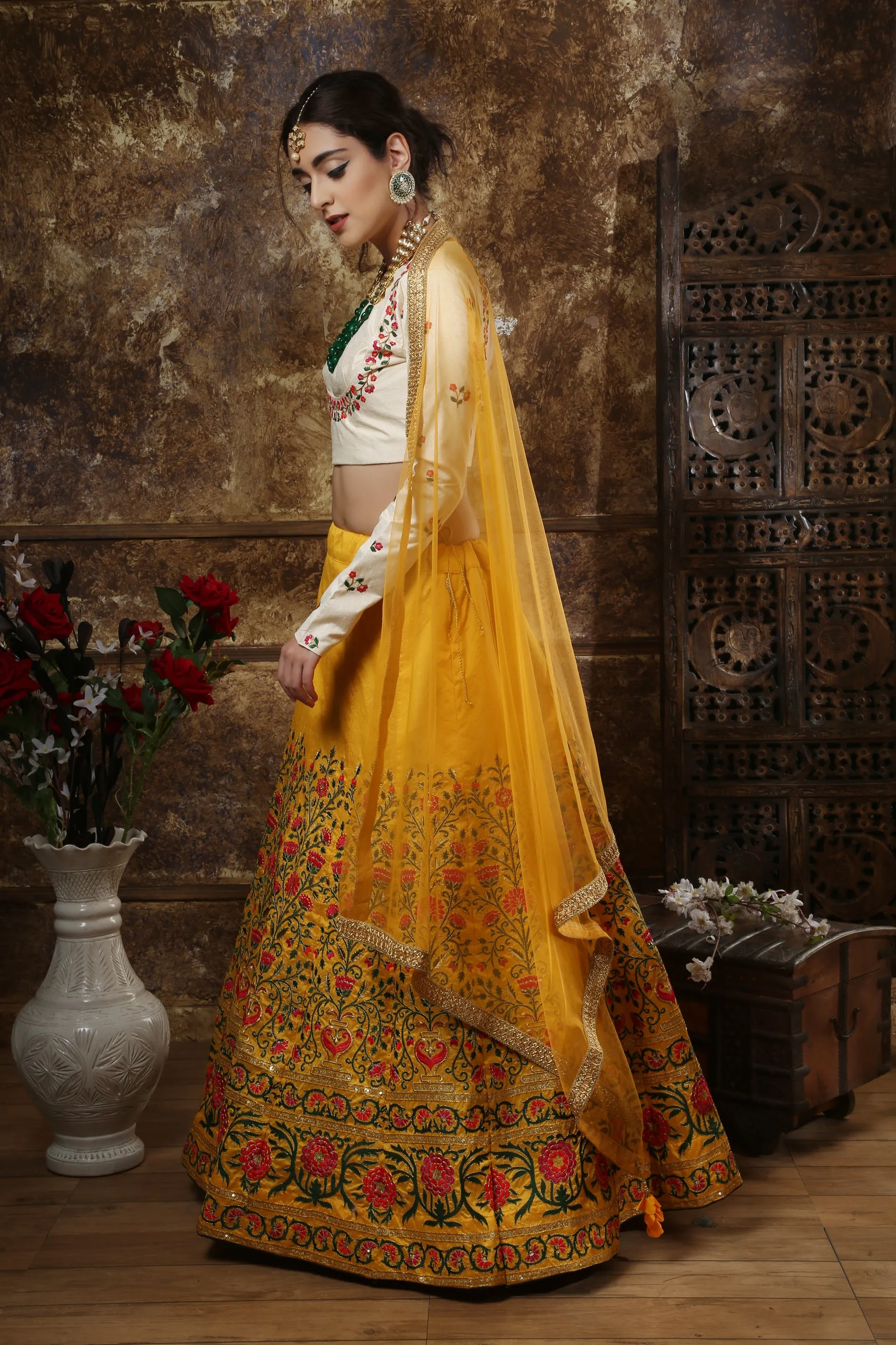 Beautiful Mustard Yellow Colored Party Wear Embroidered Thai Silk Lehenga Choli