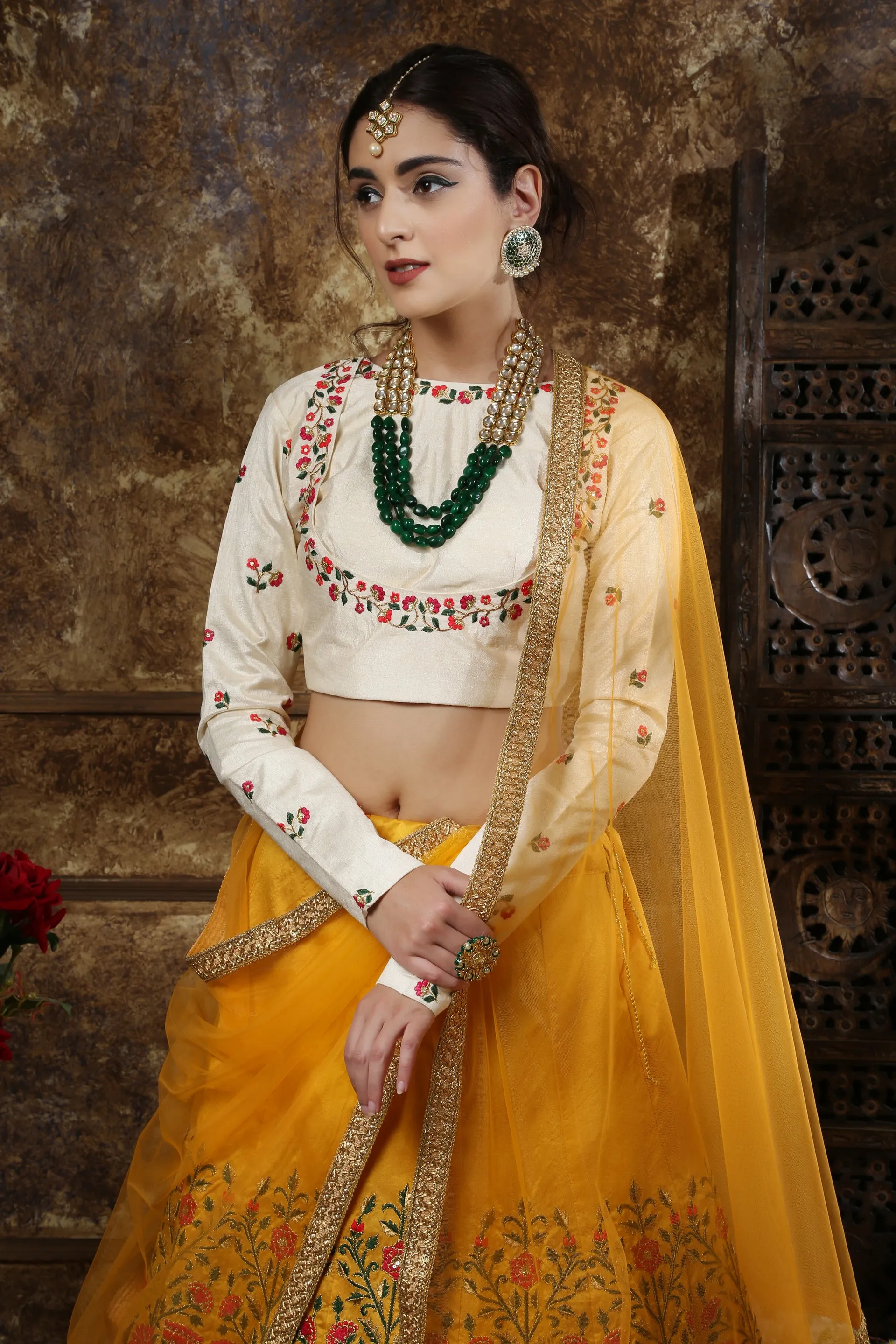 Beautiful Mustard Yellow Colored Party Wear Embroidered Thai Silk Lehenga Choli