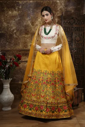 Beautiful Mustard Yellow Colored Party Wear Embroidered Thai Silk Lehenga Choli