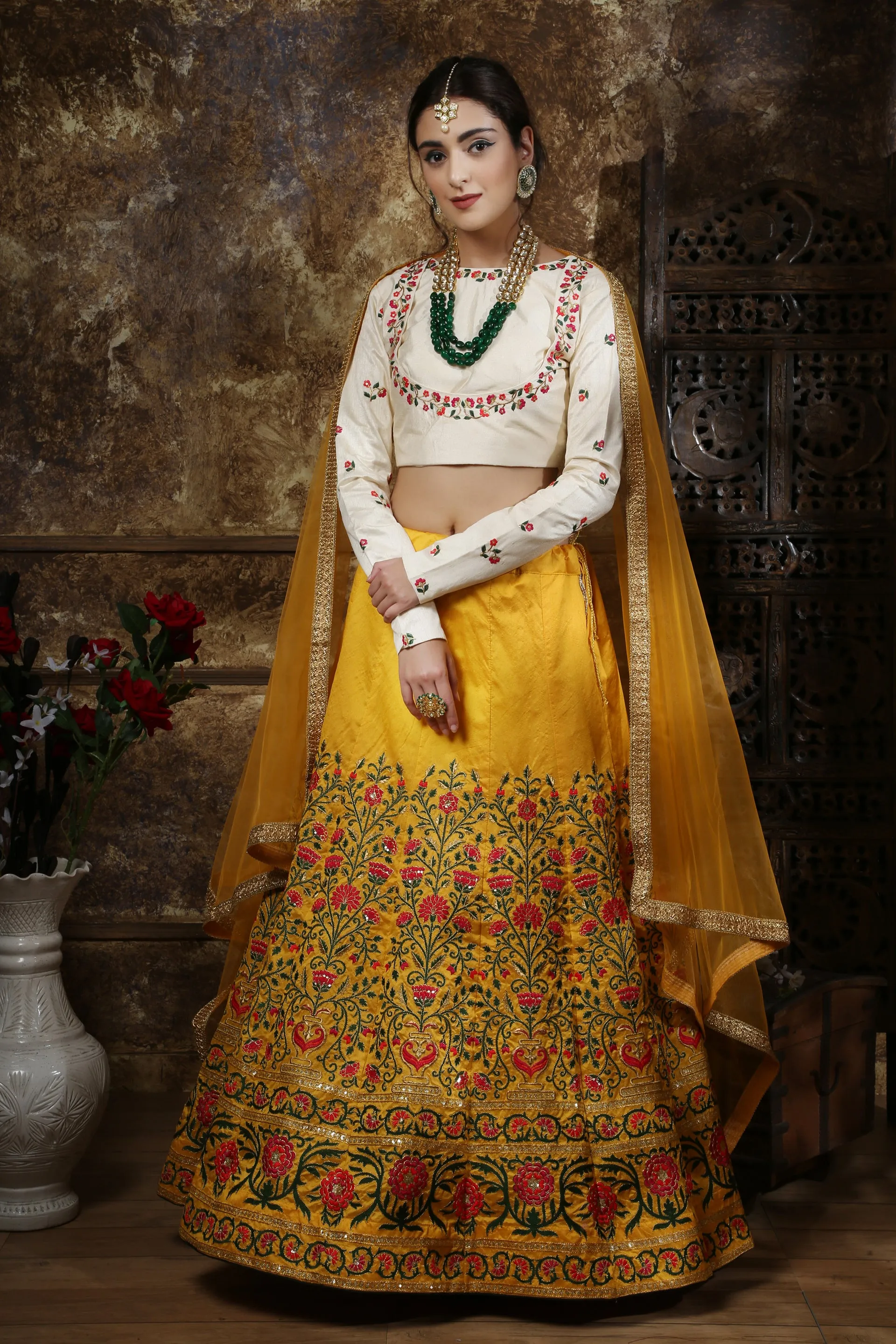 Beautiful Mustard Yellow Colored Party Wear Embroidered Thai Silk Lehenga Choli