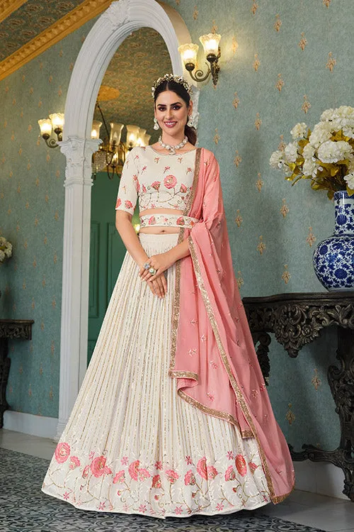 Beautiful Pearl White Thread With Sequins Embroidered Work Lehenga Choli