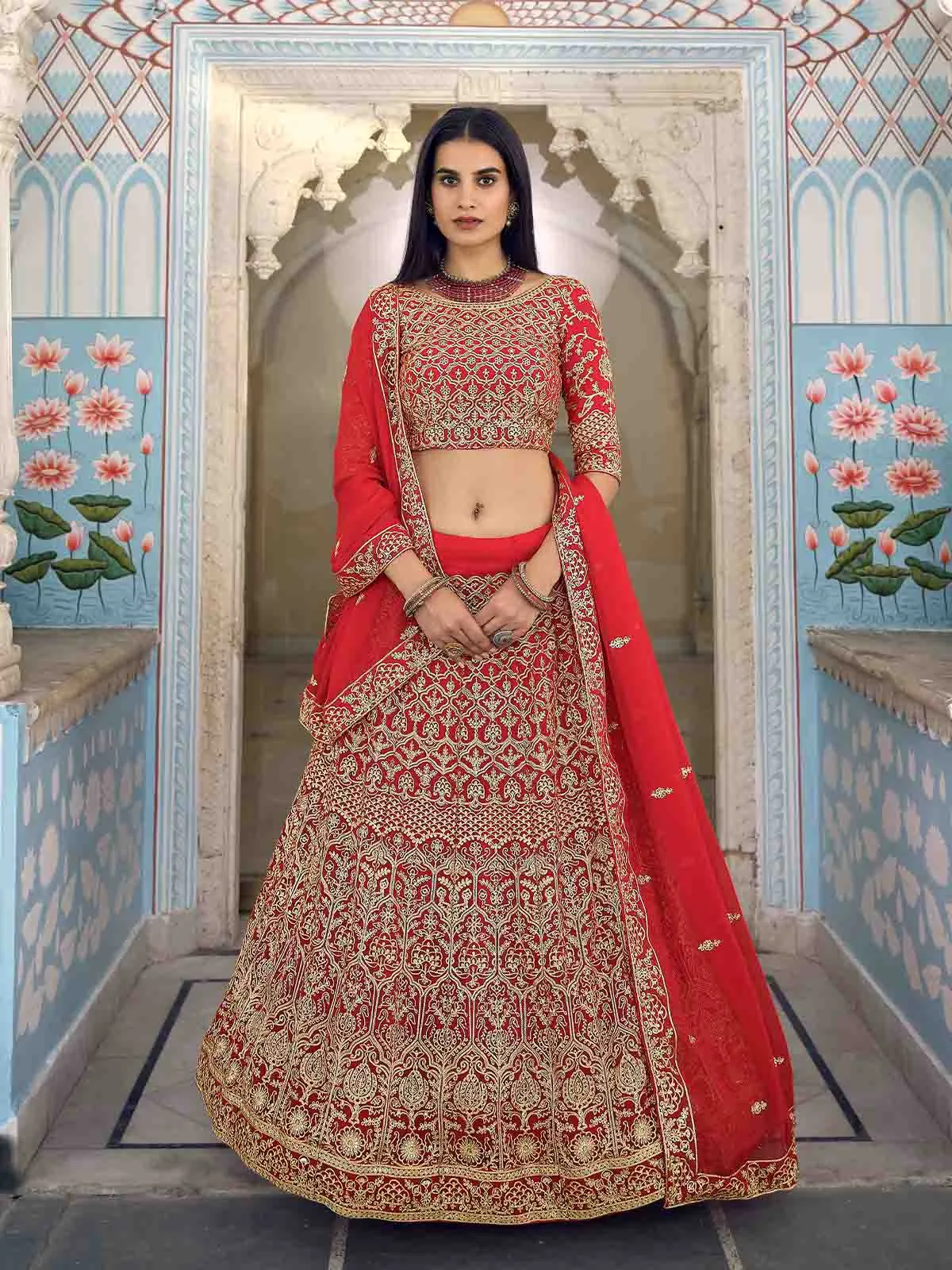 Beautiful Red Semi Stitched Lehenga With Unstitched Blouse