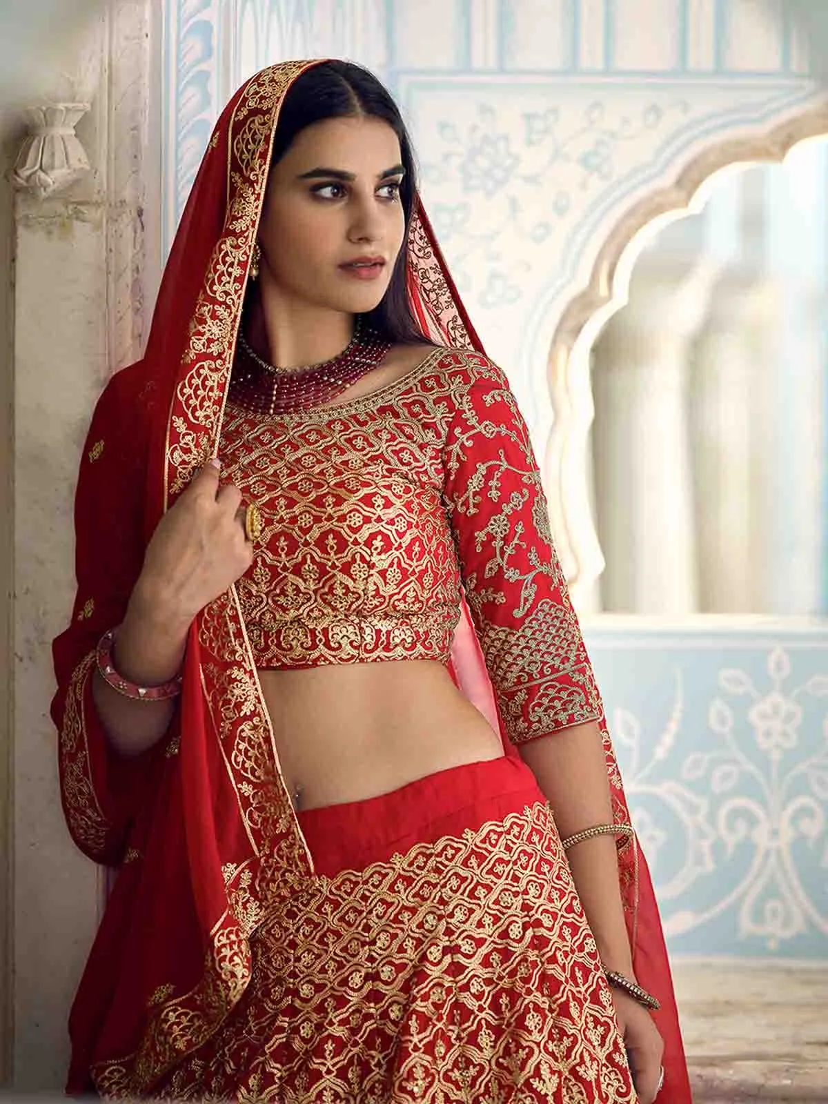 Beautiful Red Semi Stitched Lehenga With Unstitched Blouse