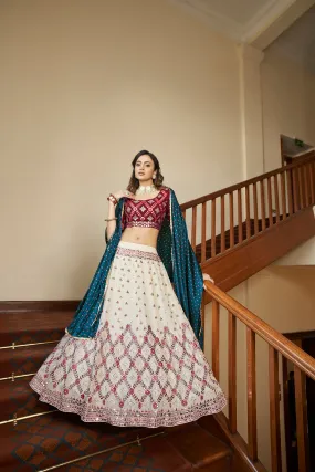 Beige & Maroon Gota With Thread And Sequins Embroidered Georgette Lehenga Choli With Gajji-Silk Teal Blue Dupatta