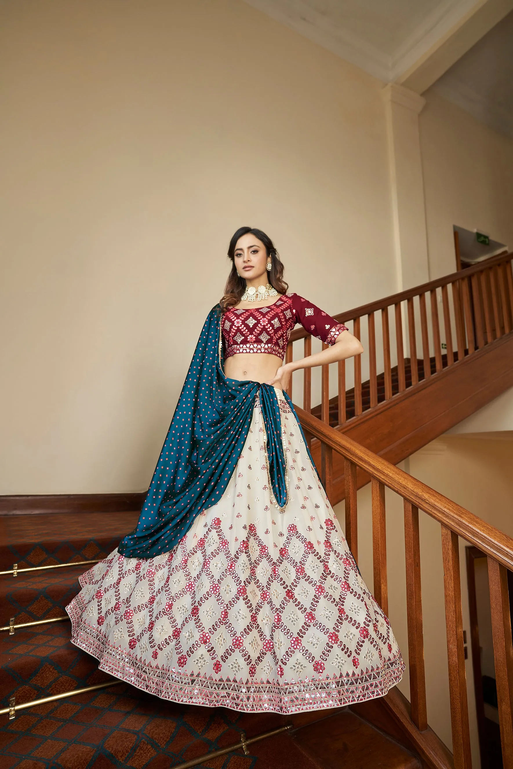 Beige & Maroon Gota With Thread And Sequins Embroidered Georgette Lehenga Choli With Gajji-Silk Teal Blue Dupatta