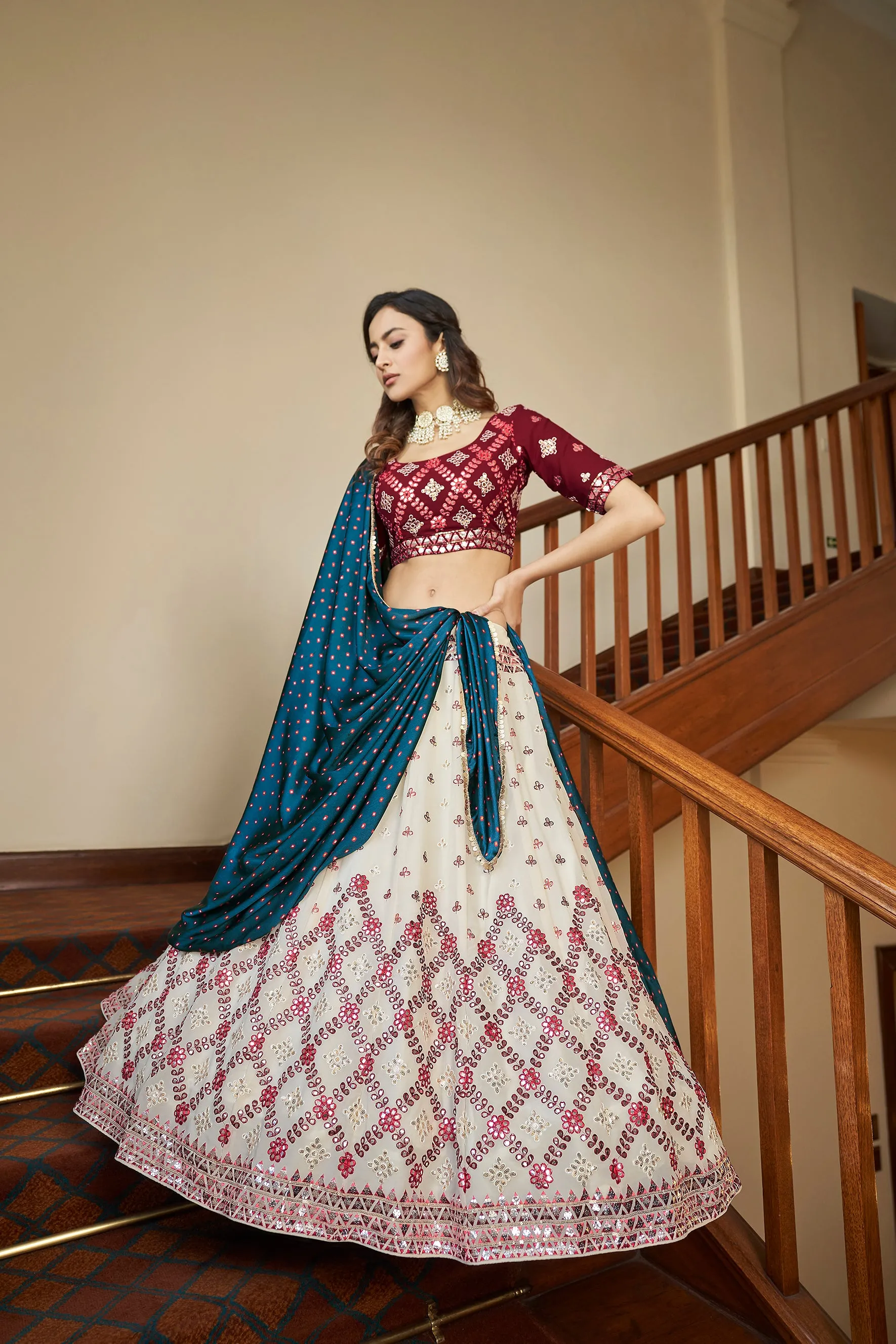 Beige & Maroon Gota With Thread And Sequins Embroidered Georgette Lehenga Choli With Gajji-Silk Teal Blue Dupatta