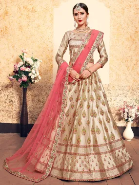 Beige & Pink Soft Net Semi Stitched Lehenga With Unstitched Blouse