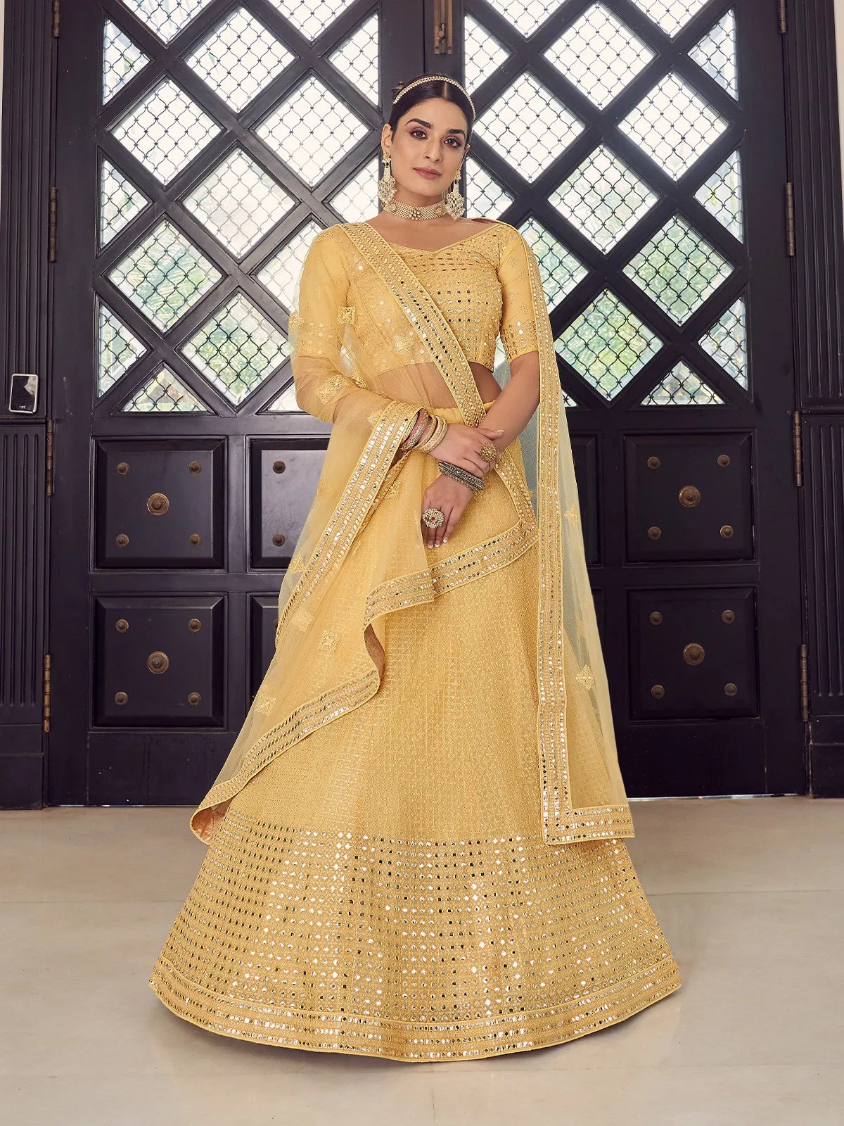 Beige Classic Semi Stitched Lehenga With Unstitched Blouse