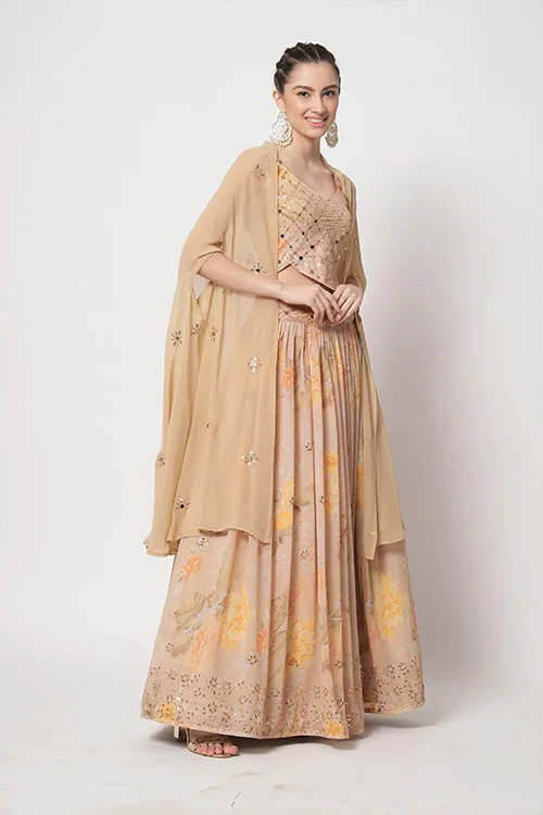 Beige Georgette Print With Sequins Embroidered Work Lehenga Choli