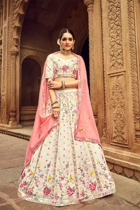 Beige Georgette Thread With Sequince Embroidered Lehenga Choli