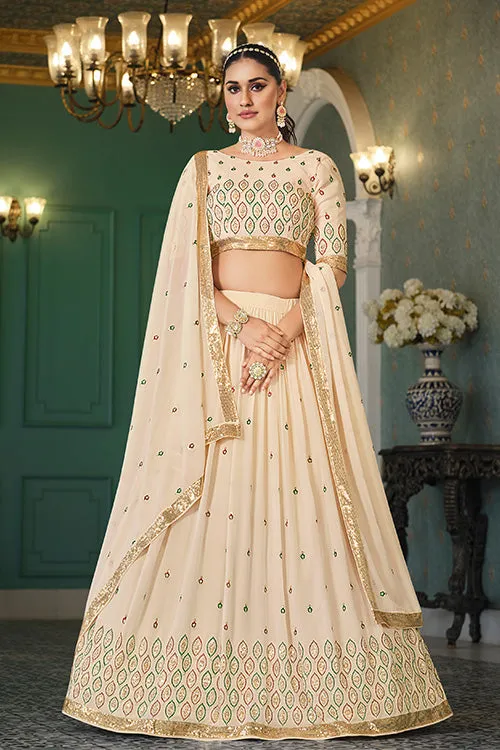 Beige Georgette Thread With Sequins Embroidered Lehenga Choli