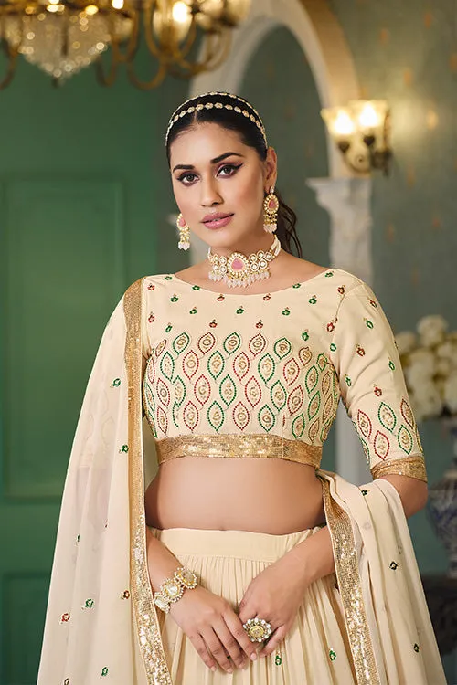 Beige Georgette Thread With Sequins Embroidered Lehenga Choli