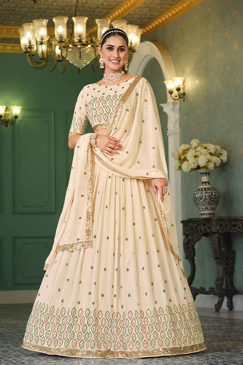 Beige Georgette Thread With Sequins Embroidered Lehenga Choli