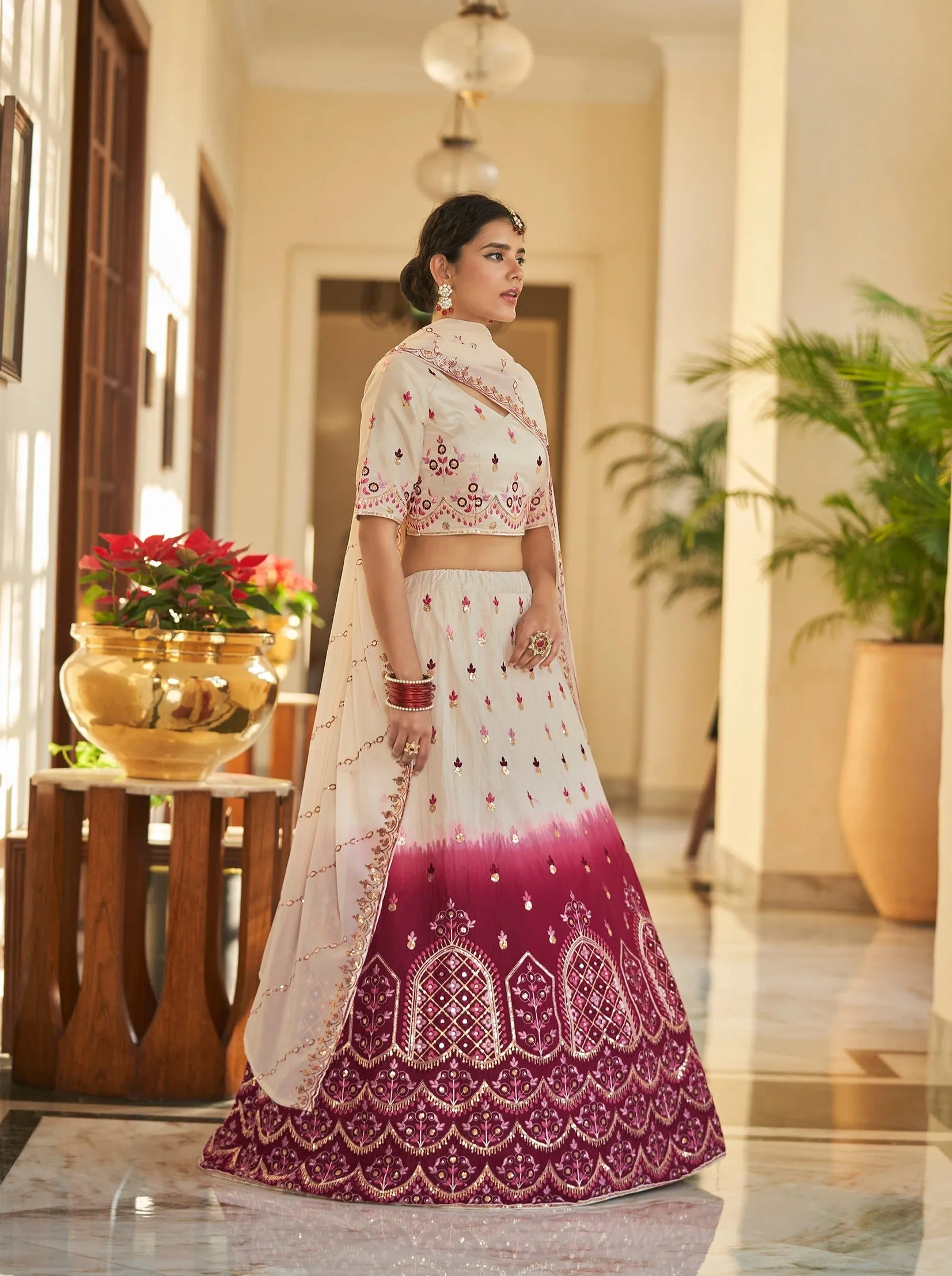 Beige Maroon Thread and Sequins Embroidered with Mirror Work Art Silk Festive & Party Wear Semi Stitched Lehenga